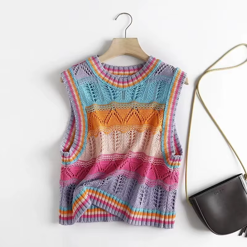 Gilet pull à rayures arc-en-ciel pour femme, gilet en tricot, Slim, assorti à tout, confortable, san