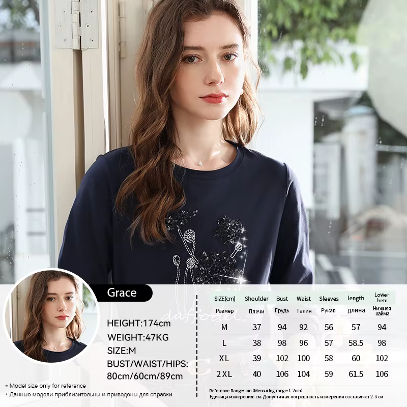 Je crois que vous T-shirt brodé de perles bleues pour femmes automne hiver 2025 col rond manches lon