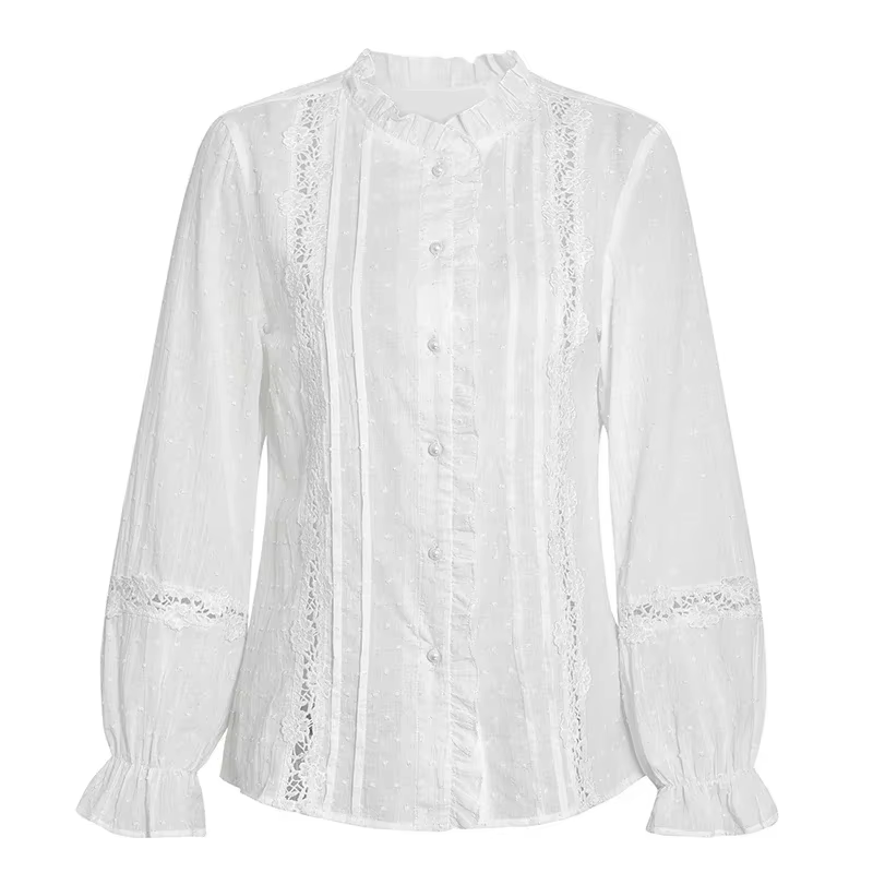 AYUALIN-Chemisier en Dentelle Brodée Florale pour Femme, Chemise à Manches sulf, Vintage, Coton, Che