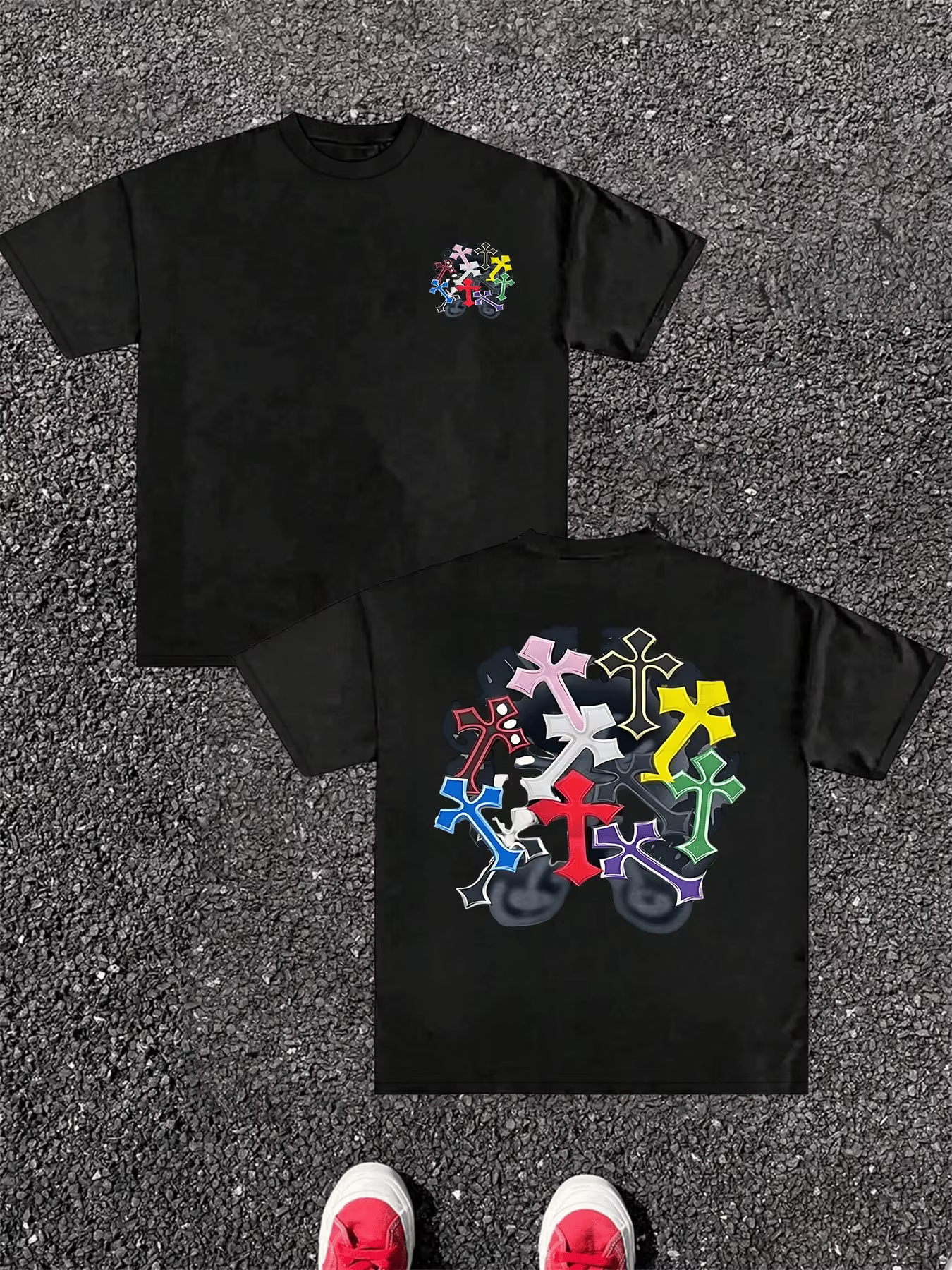 T-shirt pour homme en pur coton, impression numérique double face avec croix colorées, graphique uni