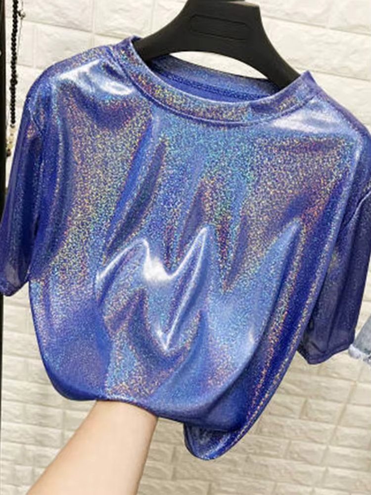 Été femme hauts brillant ample à manches courtes t-shirt sexy club esthétique harajuku femmes élégan