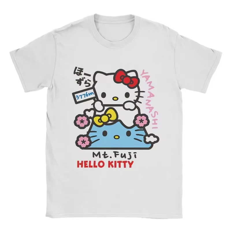 Nouveau T-shirt imprimé en coton 2026 pour les fêtes, Hello Kitty Fuji Japonais, T-shirt neutre pour