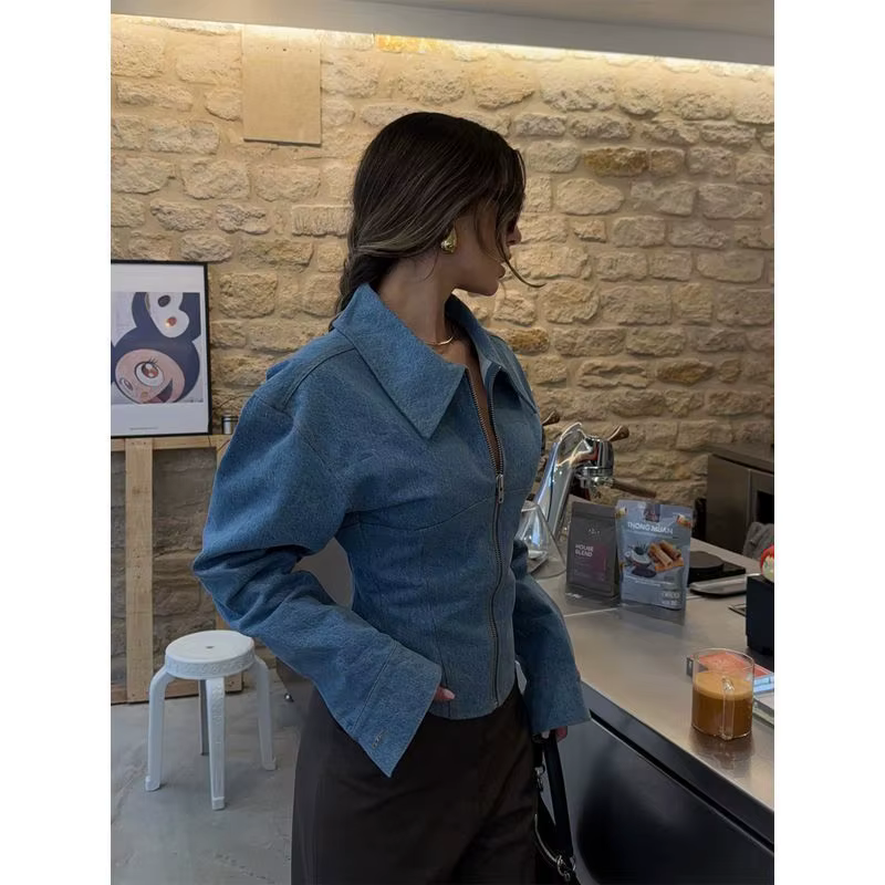 Chemise en jean à fermeture éclair pour femme, haut ajusté à la taille, col Polo, manches longues, n