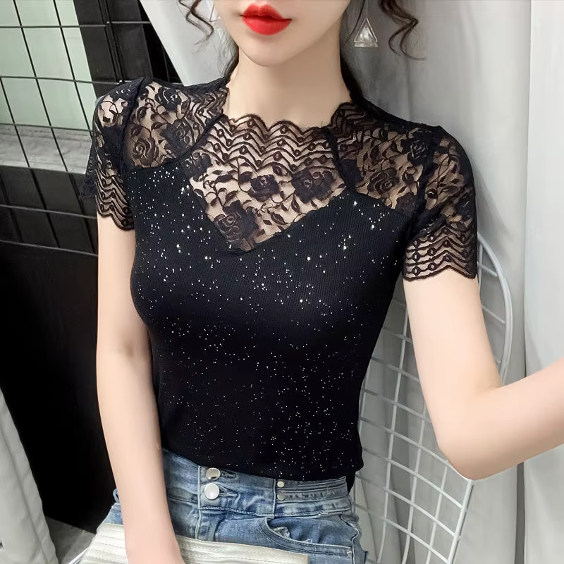 Été haut pour femme Patchwork soie brillante maille t-shirt Pathcwork manches courtes dentelle chemi