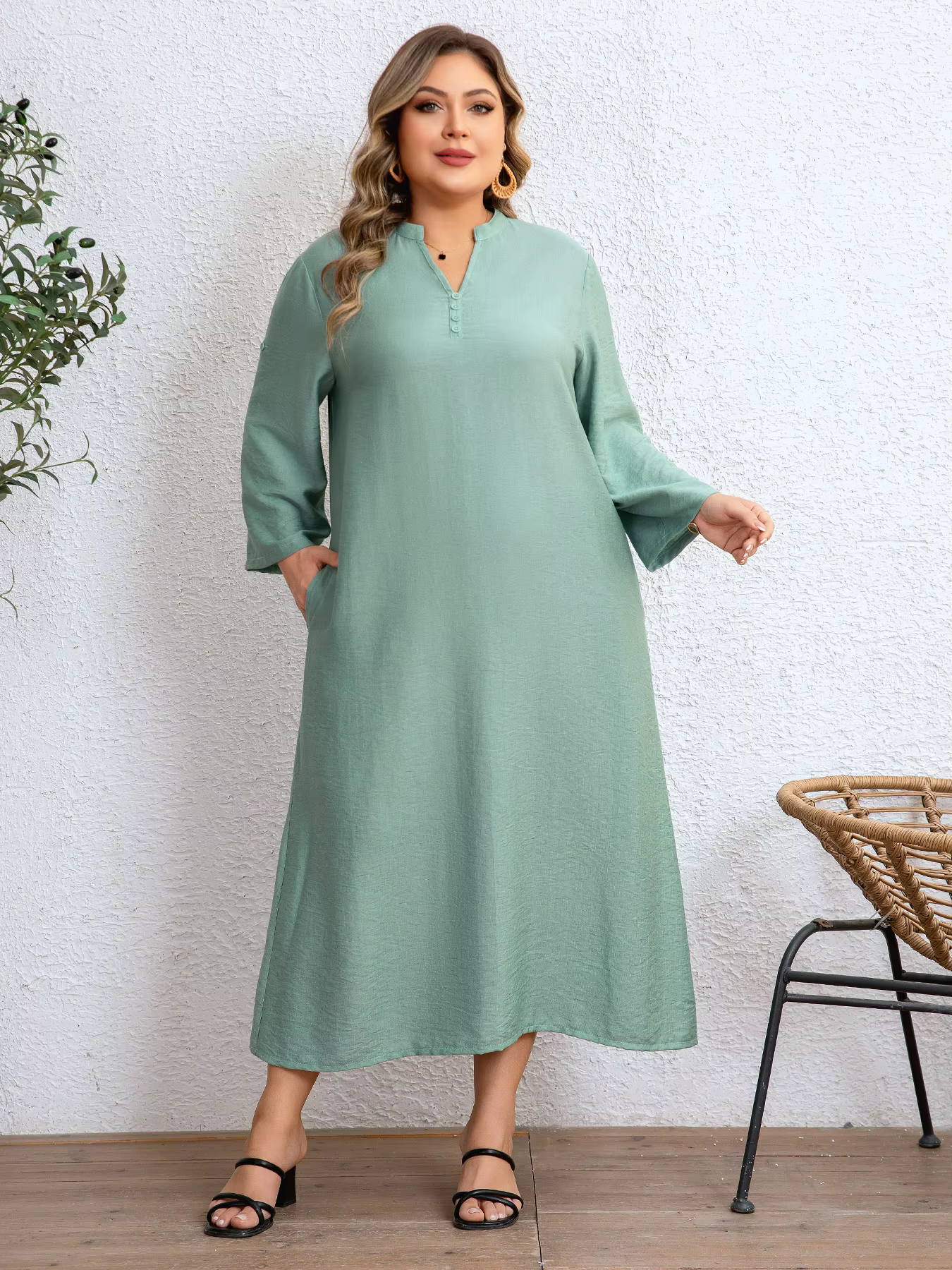 Robe ample pour femmes grandes tailles, manches 3/4, vert menthe, demi-fermeture