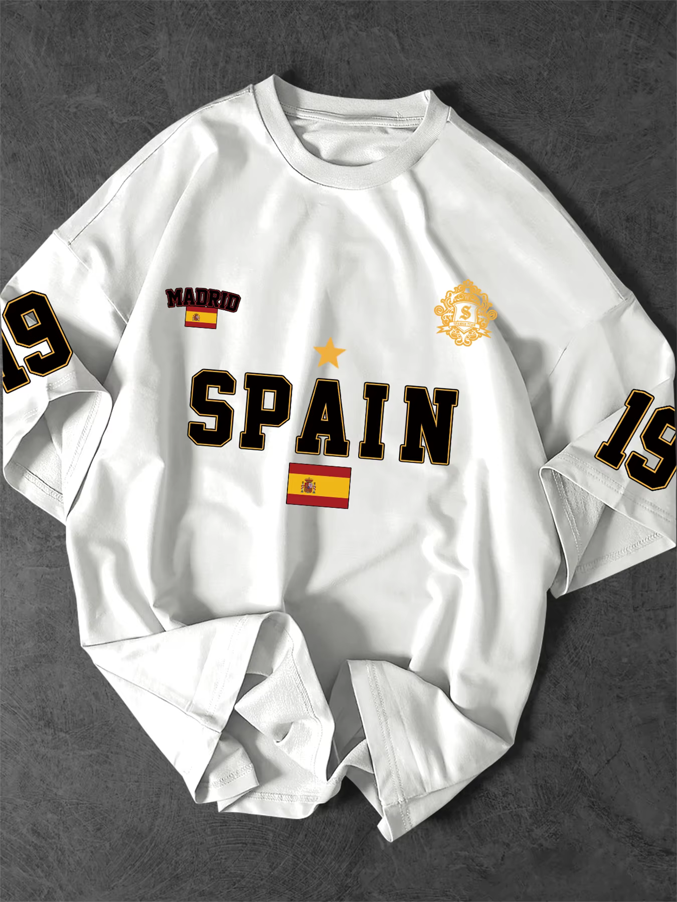 T-shirt oversize pour homme, Espagne 19, avec motif drapeau de Madrid et couronne, manches courtes, 