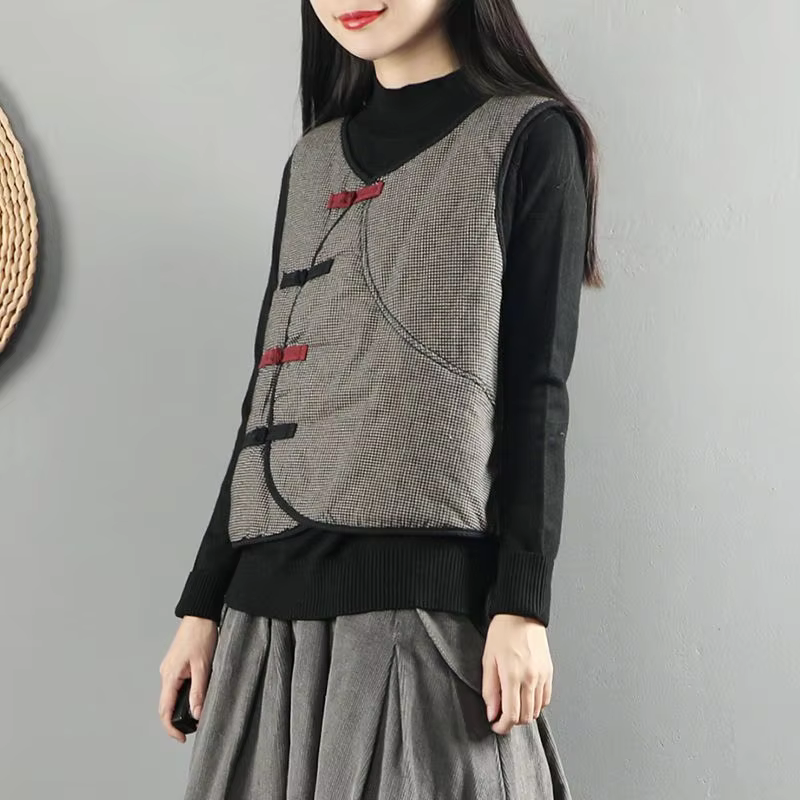 Femmes Vintage grille Tang costume gilets 2026 nouveau printemps automne veste sans manches coton ma