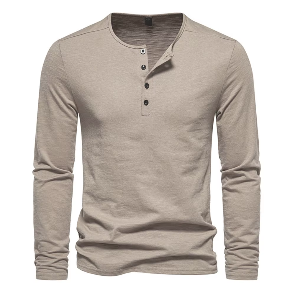 Hommes à manches longues T-shirt coton coupe ajustée chemise de fond Fitness hauts t-shirts bouton c