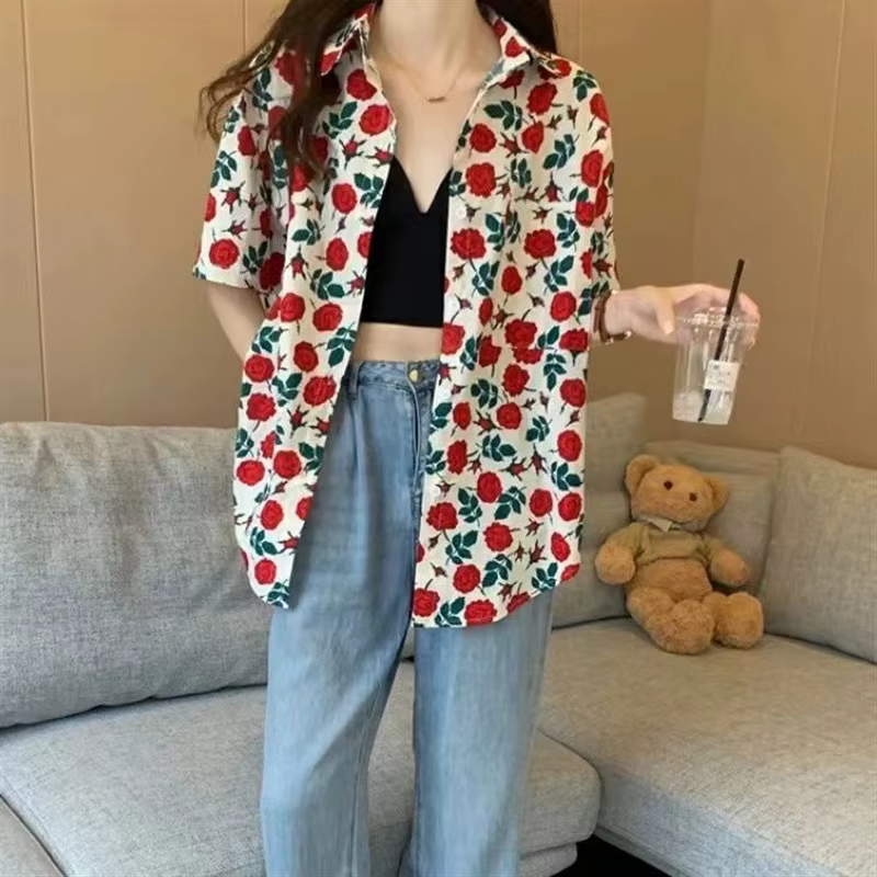 Haut à col et manches courtes ample pour femme, style vacances, imprimé décontracté, nouvelle collec