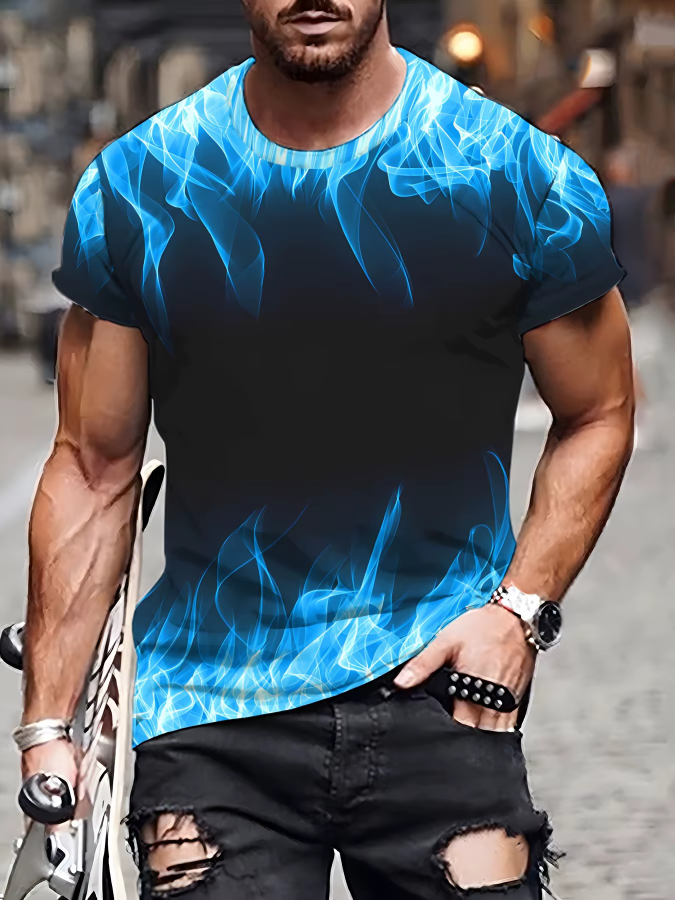 One Summer Essential-T-Shirt Imprimé Flamme Bleue 3D, Tee Graphique Vibrant, 03/Wear, Décontracté po