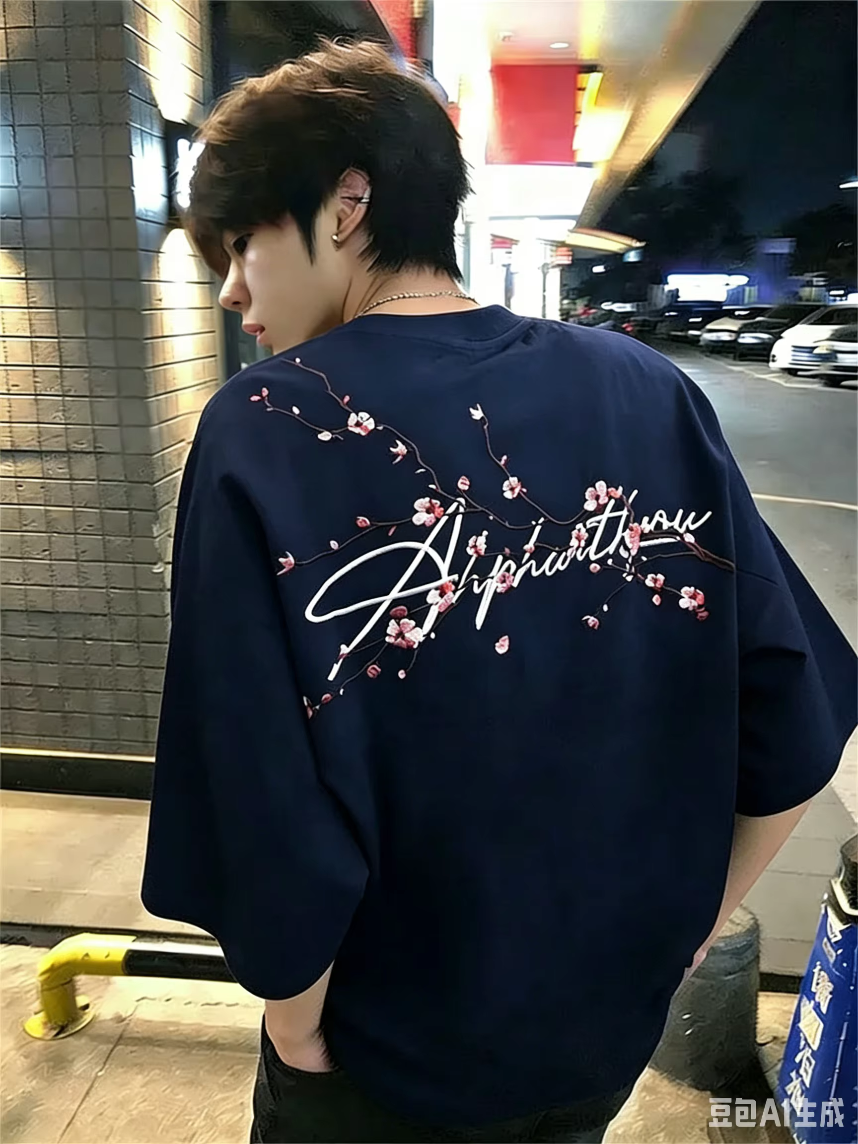 T-shirt à manches courtes pour homme, style américain, à motif floral et lettres, coupe ample, en co