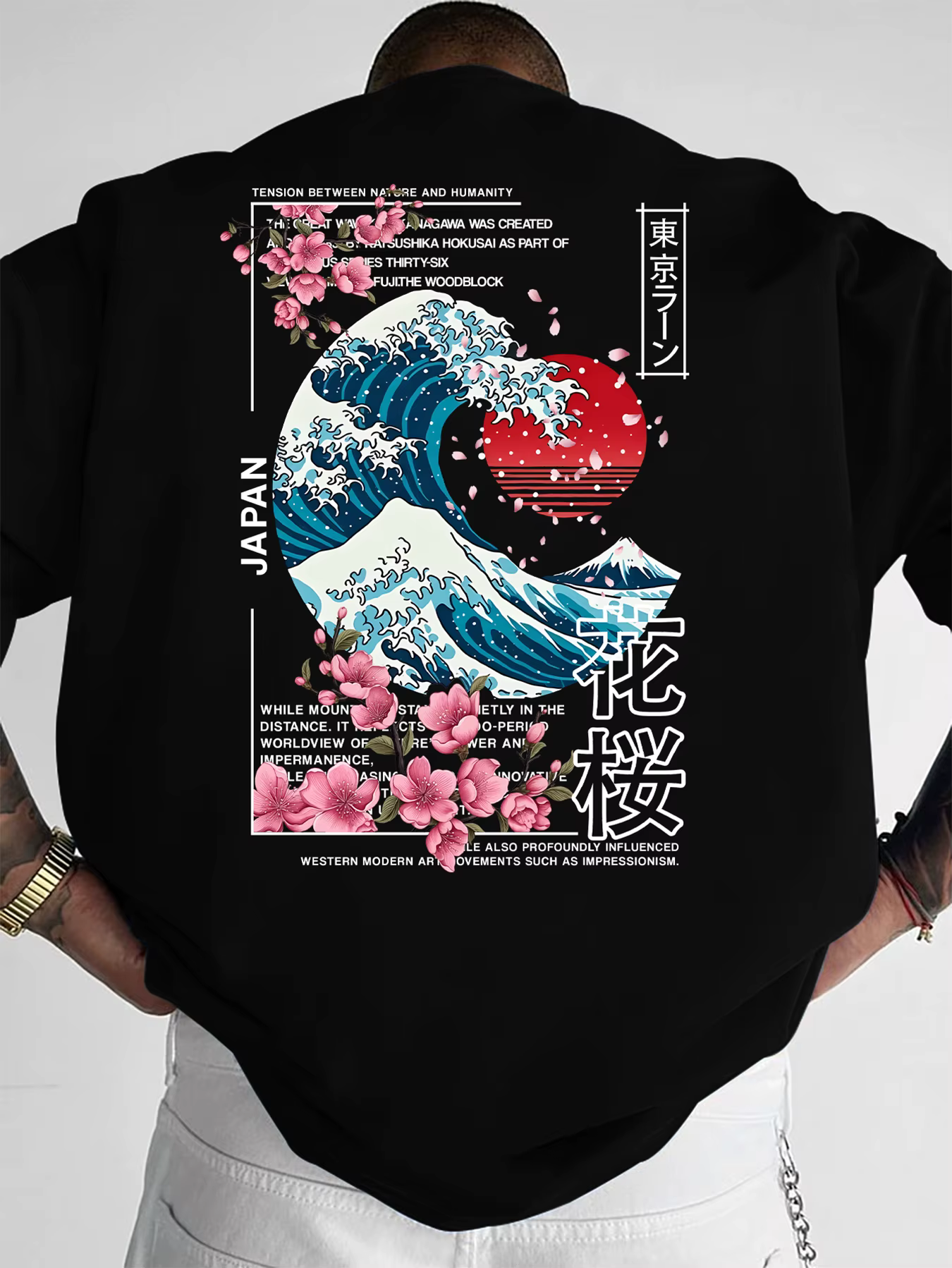 T-shirt imprimé pour hommes, nouvelle mode d'été, motif vague japonaise, fleurs de cerisier, lavable