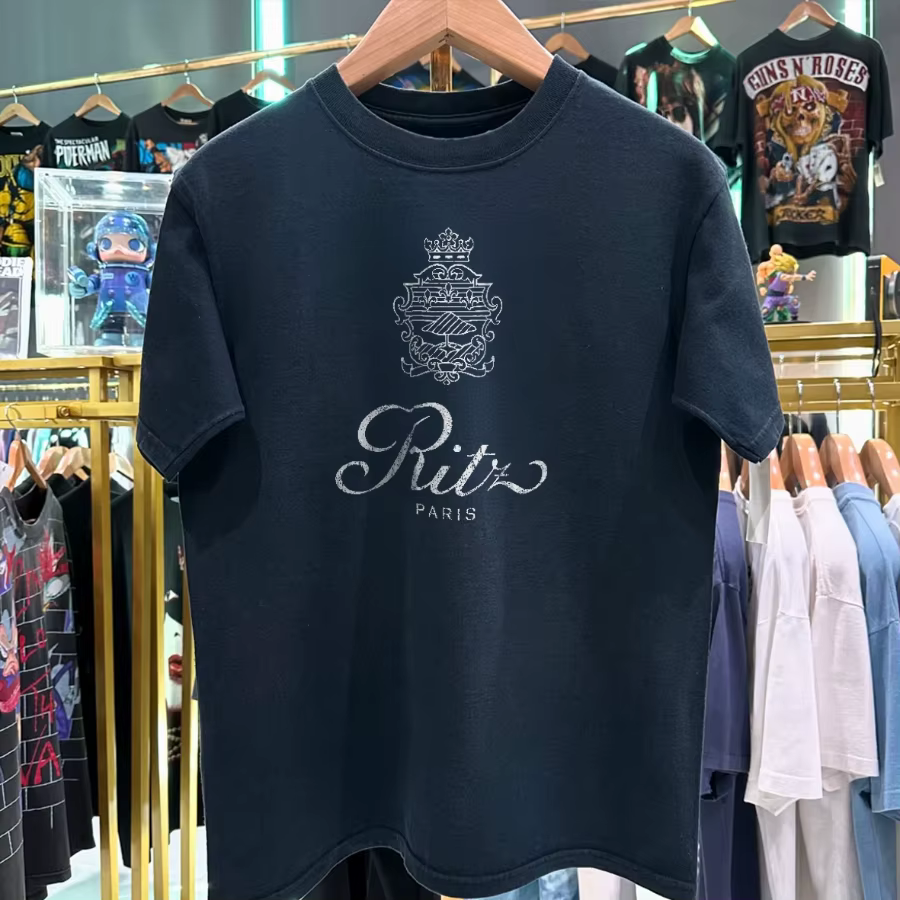 T-shirt noir délavé Ritz Paris des années 90, t-shirt d'été en coton imprimé, décontracté, sportif, 