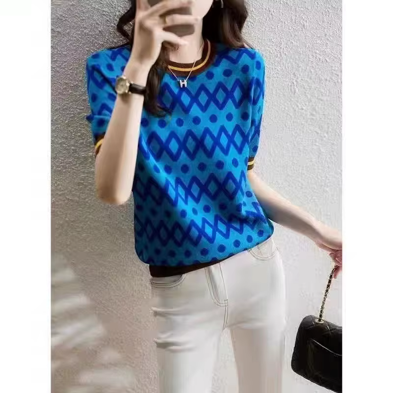 Pull en cachemire à manches courtes pour femme, décontracté, couleur assortie, coupe cintrée, col ro