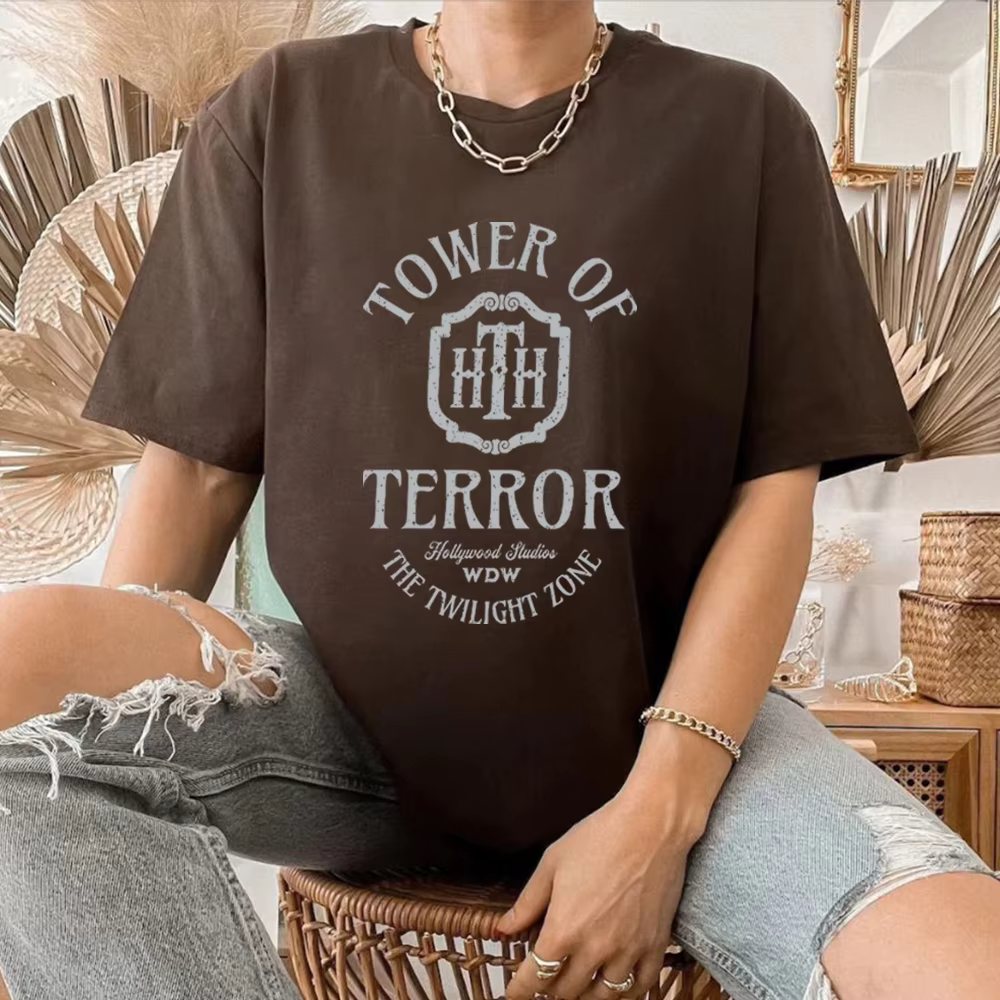 T-shirt manches courtes femme, vintage, rétro, décontracté, à la mode, tour de terreur, hôtel, studi