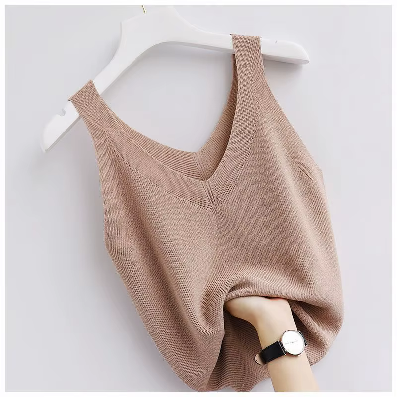 Tricot Vintage débardeur col en v sans manches esthétique ample vêtements d'été pour les femmes soli
