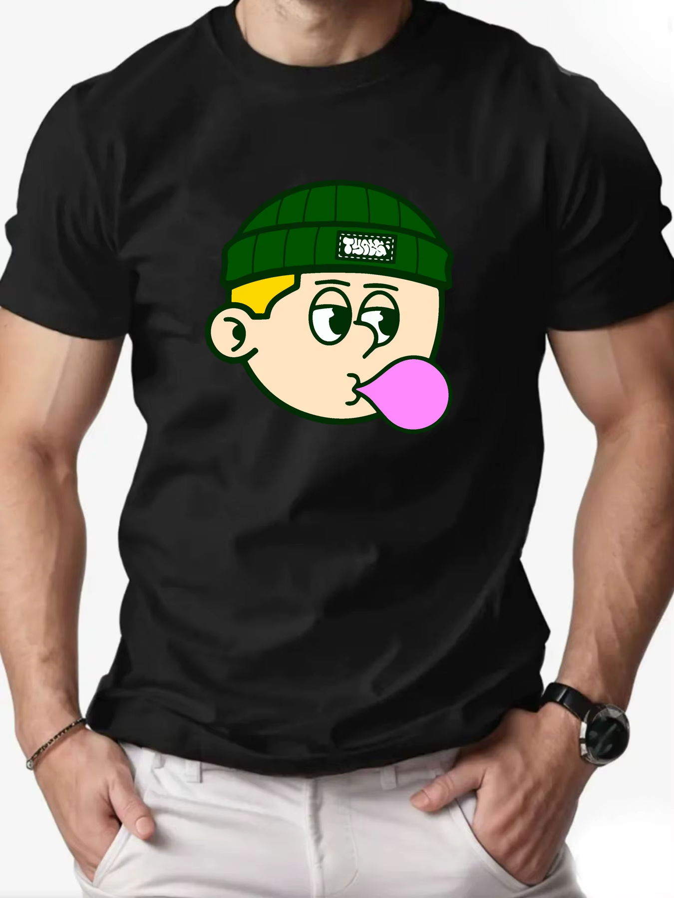 T-shirts en coton pour hommes bulles de soufflage dessin animé imprimé T-Shirt col rond respirant St