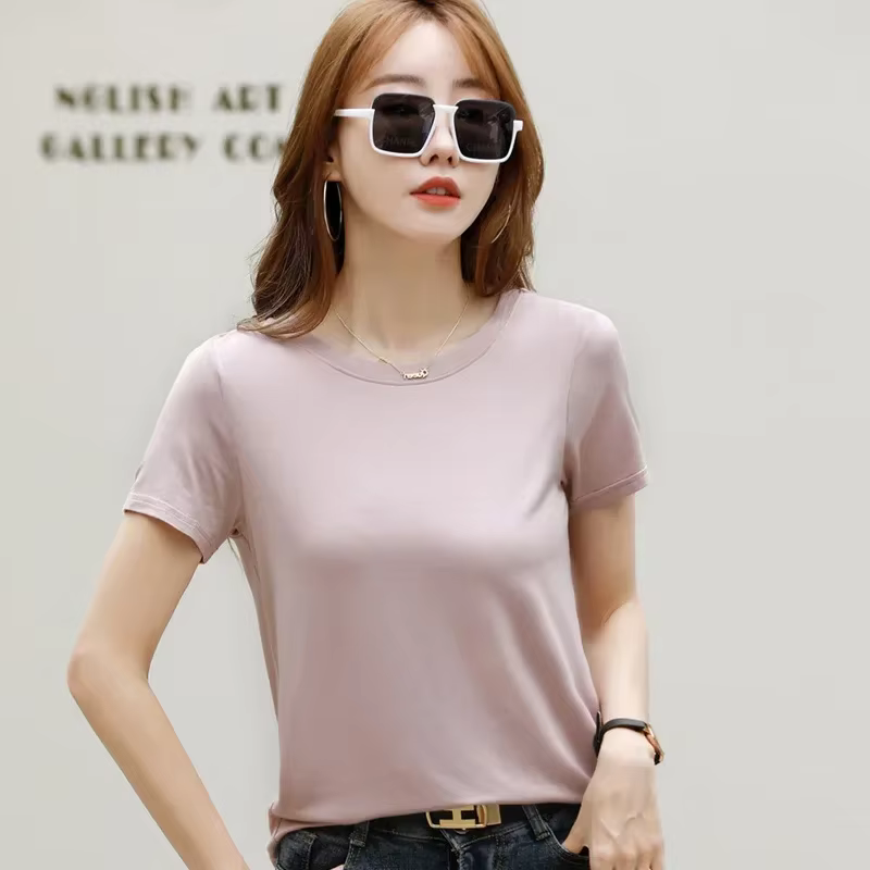 MRMT 2026 Nouveau T-shirt pour femme en coton soie glacée, couleur unie, col rond, décontracté et mi