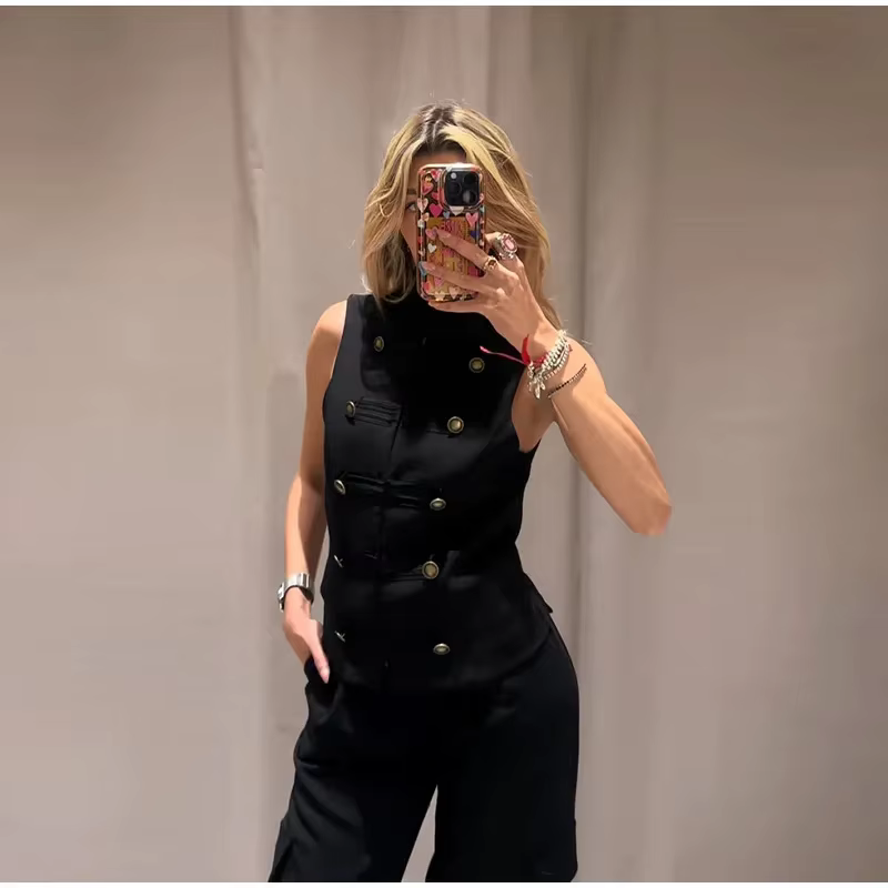 Top Femme Printemps 2026 Nouveau Noir Sans Manches avec Nœud Décoratif Coupe Ajustée Gilet Unique Te