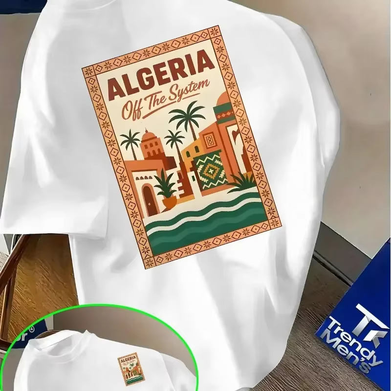T-shirt rose à motif algérien pour hommes et enfants - Texte audacieux « Algérie » et design de pays