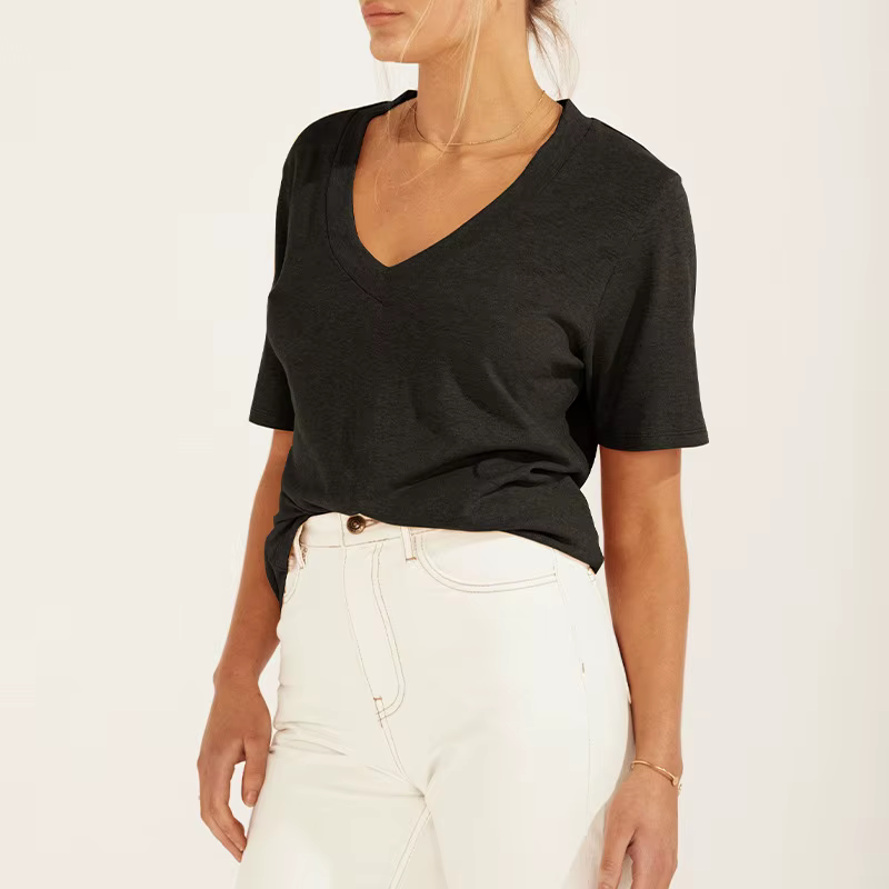 75% coton femmes T-shirt Sexy col en v à manches courtes t-shirts et chemisiers haut pour femme jeun