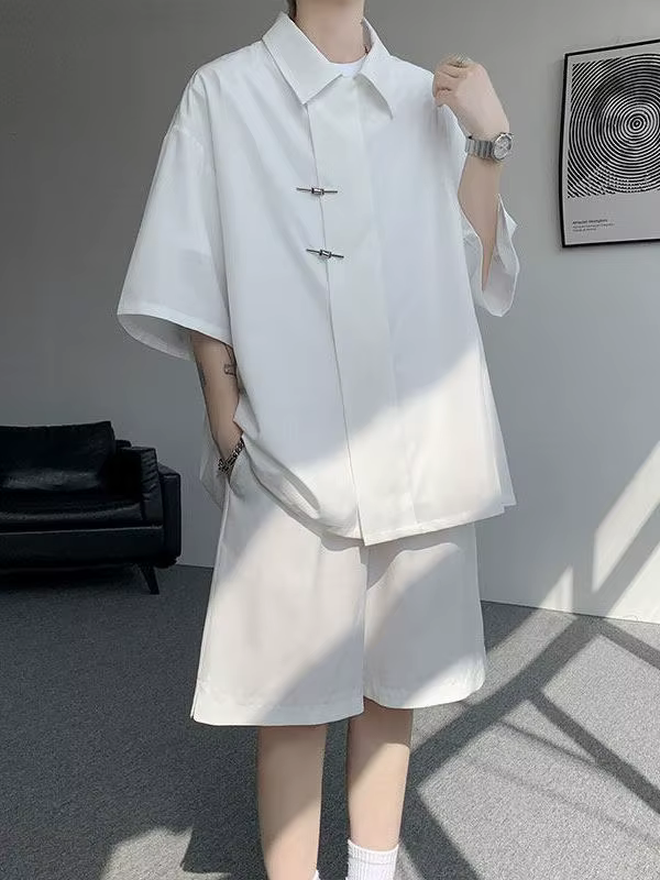 Ensemble chemise et short en soie froide pour homme – Été, fin, séchage rapide, respirant, col à rev