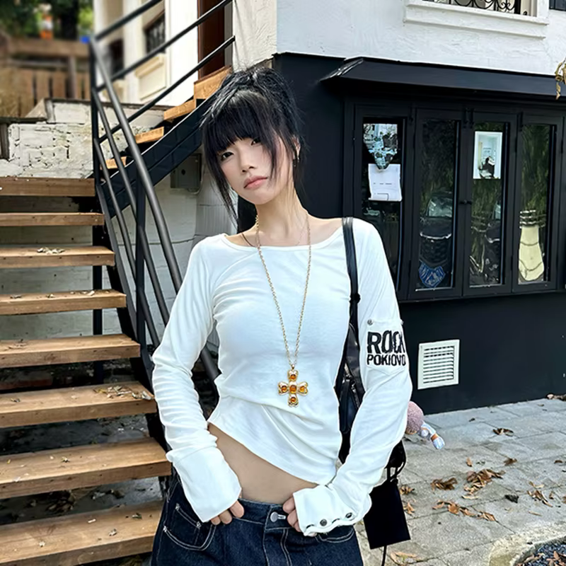 Tonngirls américain rétro imprimé T-shirt femmes à manches longues bouton graphique hauts Y2k hauts