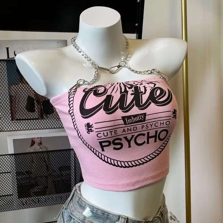 Débardeur d'été à la mode pour femmes, vêtements avec lettres roses douces, tunique dos nu, Camis, c