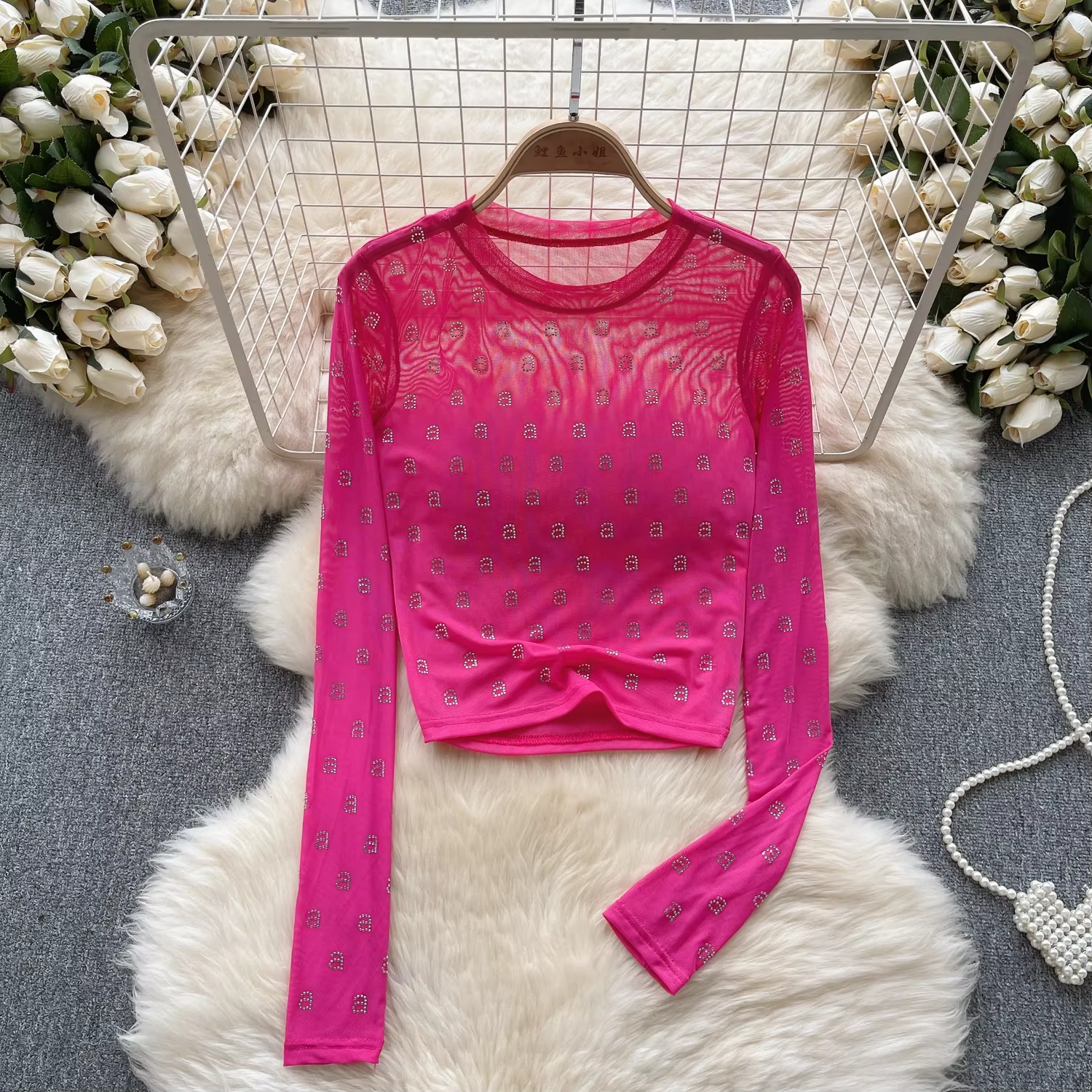 T-shirt manches longues col rond femme, chic, transparent, gaze, lettre biscuits, solide, slim, sexy