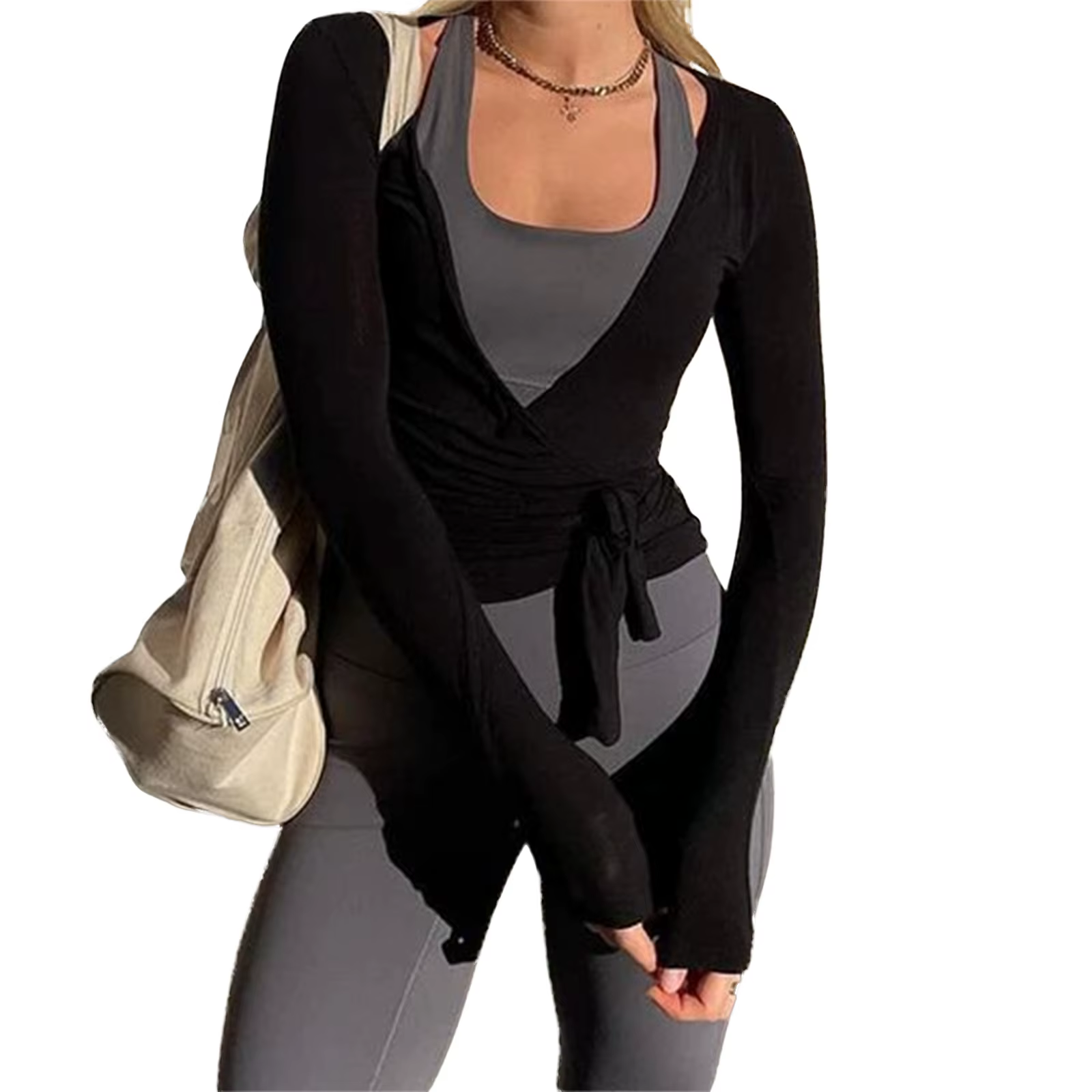 Femmes Yoga Wrap cravate hauts Y2k solide à manches longues coupe ajustée culture hauts Ballet entra