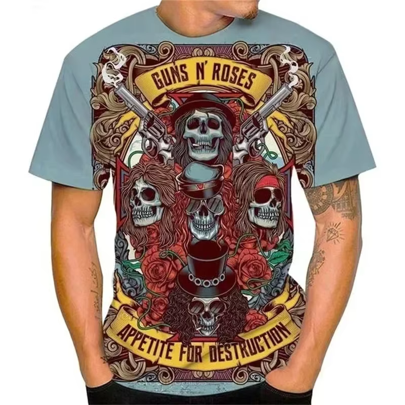Vintage Guns N Roses impression 3D T-Shirt col rond hommes décontracté à manches courtes groupe de R