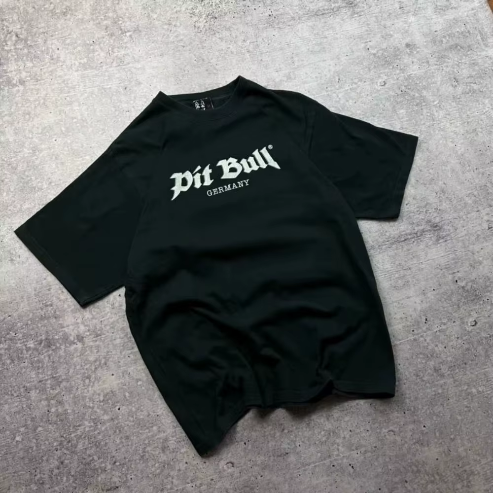 T-shirt vintage Pitbull Rap noir avec grand logo central, style hip-hop, t-shirts graphiques pour ho