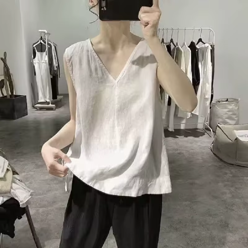 Débardeur femme en coton et lin col en V couleur unie