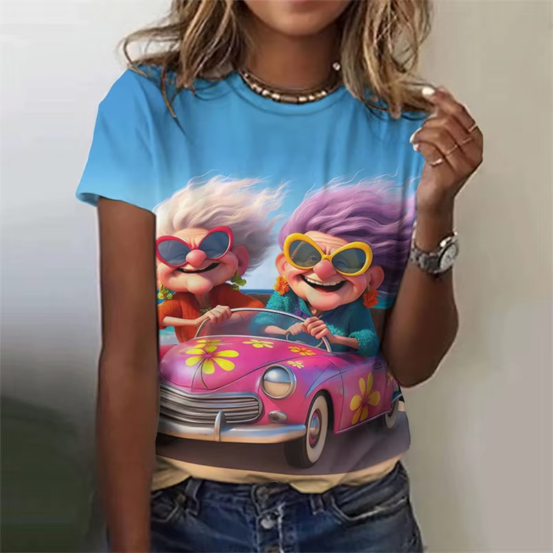 T-Shirt manches courtes col rond femme, ample, tendance, motif grand-mère, personnalité de dessin an