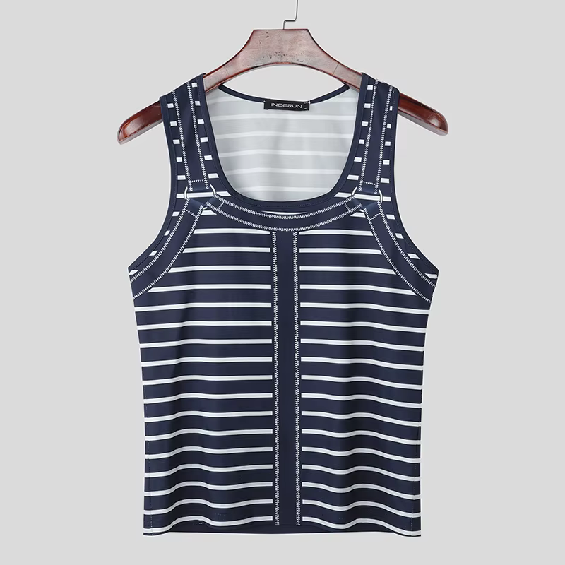Débardeurs Homme Tricotés à Rayures Imprimées Col Rond Sans Manches Gilets Masculins Streetwear Été 