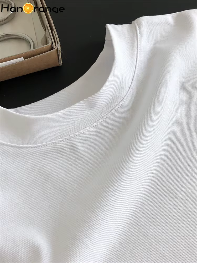 HanOrange-T-shirt à Manches Courtes et Col Rond pour Femme, Haut Vintage, Simple, Fin, Décontracté,