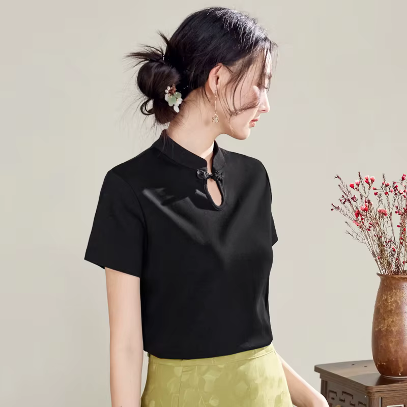 Nouveau T-shirt de style chinois pour femmes Été T-shirt en coton à manches courtes, col montant, à