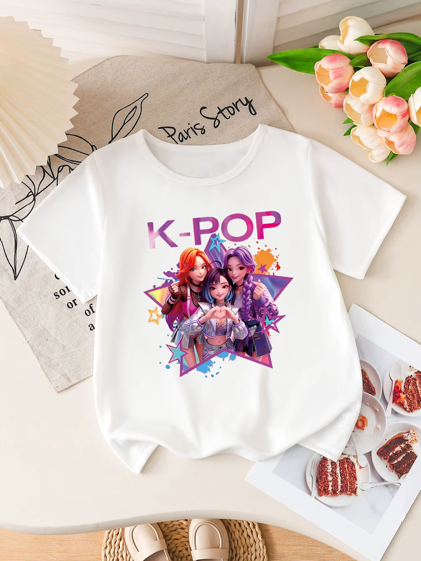 T-shirt à manches courtes imprimé groupe d'idoles K-POP pour filles, tee-shirt graphique mignon de d