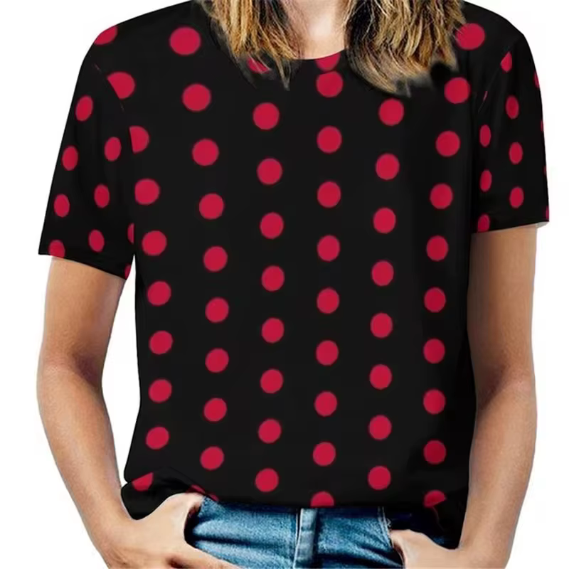 T-shirt à manches courtes et col rond pour femmes, vintage, impression de points 3D, mode rétro, t-s