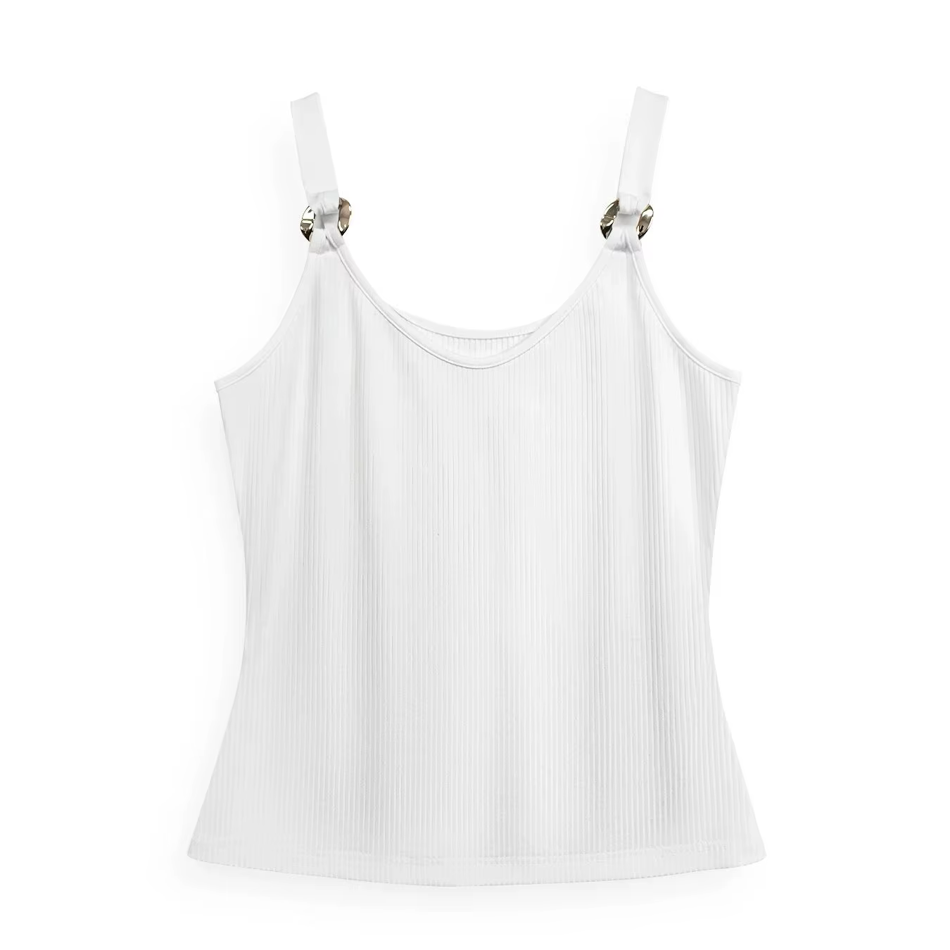 Débardeur côtelé blanc pour femme, col en V, bretelles à anneaux métalliques, coupe ajustée, sans ma