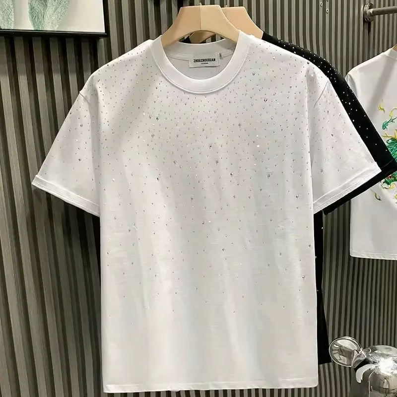 Nouveau luxe hommes T-shirt diamant chaud imprimé demi manches mode col rond décontracté été haut de