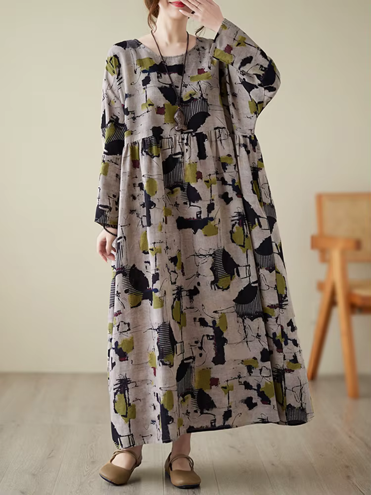 Robes amples en coton à manches longues imprimées style vintage pour femmes – Collection Printemps-A