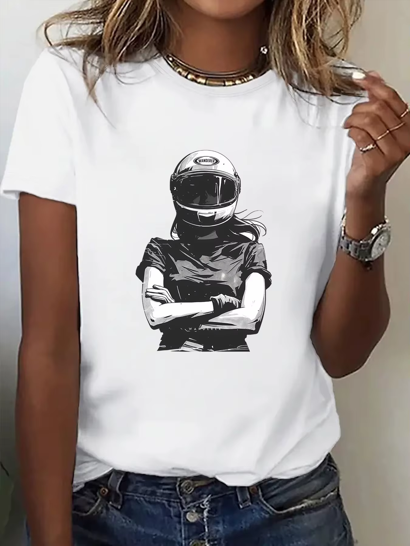 T-Shirt pour femmes, imprimé graphique motard, décontracté, col rond, manches courtes, haut d'été, v