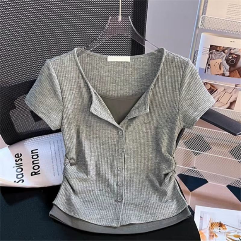 T-shirt amincissant à manches courtes pour femme, design épaules tendance, coupe décontractée ample,