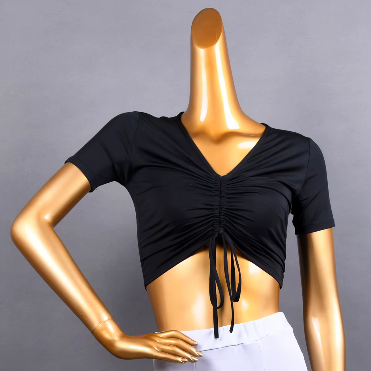 Haut court à manches courtes léopard pour femmes, danse latine, longueur réglable, taille haute, Wst