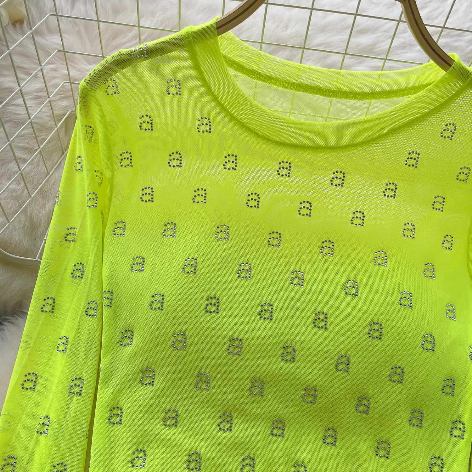 T-shirt manches longues col rond femme, chic, transparent, gaze, lettre biscuits, solide, slim, sexy