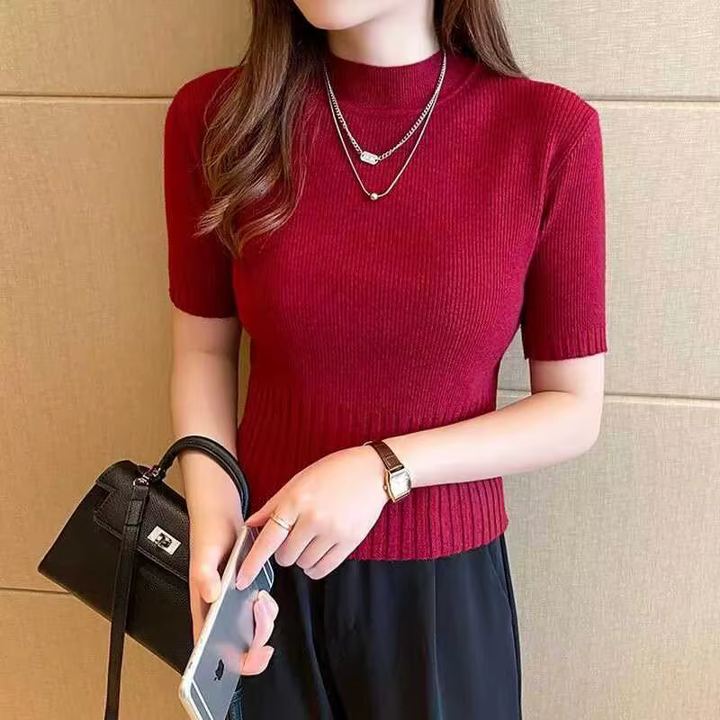 Pull tricoté à col roulé et manches courtes pour femmes, haut ajusté et fin et polyvalent, t-shirt e