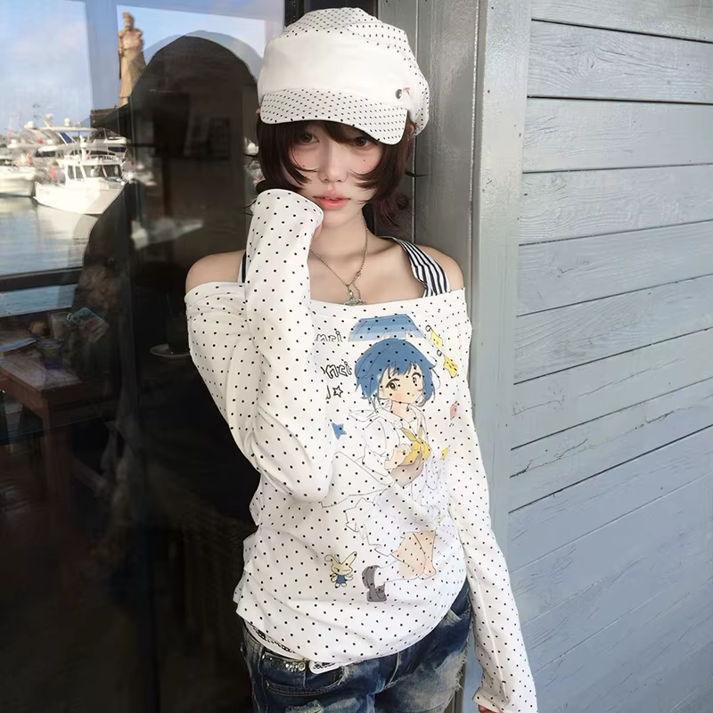 Karrram japonais Y2k Anime imprimé T-shirt 2000s Cutecore épaules nues hauts Vintage Harajuku à manc