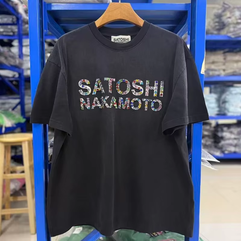 Nouveau T-shirt Satoshi en coton noir à col rond, imprimé, grande taille, pour homme, avec incrustat