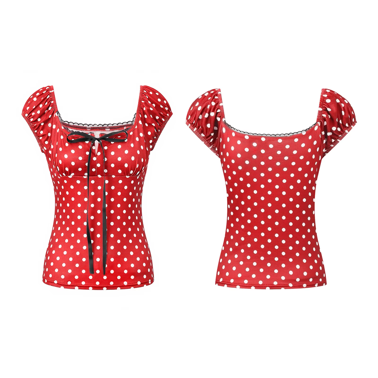 T-shirt manches courtes col carré pour femme, haut imprimé à pois, coupe cintrée, décontracté, Stree